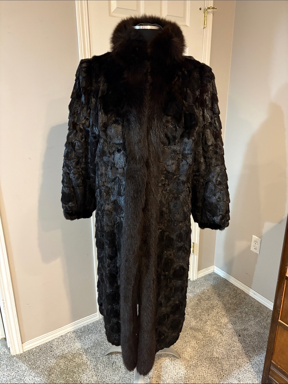 Women's Black Long Mink  Fur Coat  with Fox Fur trim - Full-Length 15A